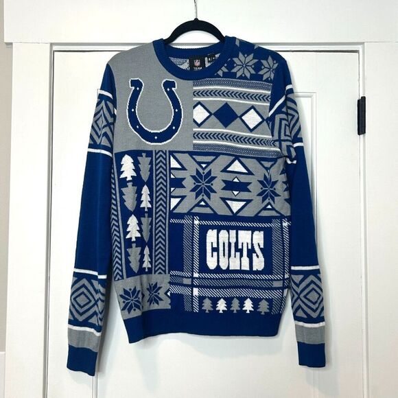 NFL Indianapolis Colts Patchwork Ugly Christmas Sweater Blue Gray Men's Medium - Picture 1 of 6